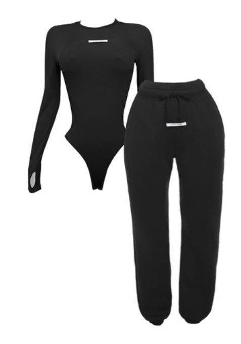 Tan Ribbed Knit Bodysuit & Jogger Set